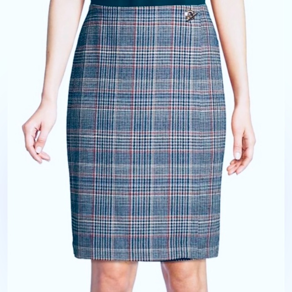 Calvin Klein Tweed Plaid Pencil Skirt with keyhole button closure.